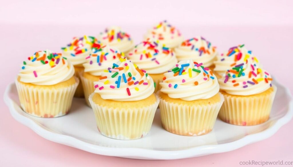 Mini Cupcakes with Vanilla Frosting and Colorful Sprinkles